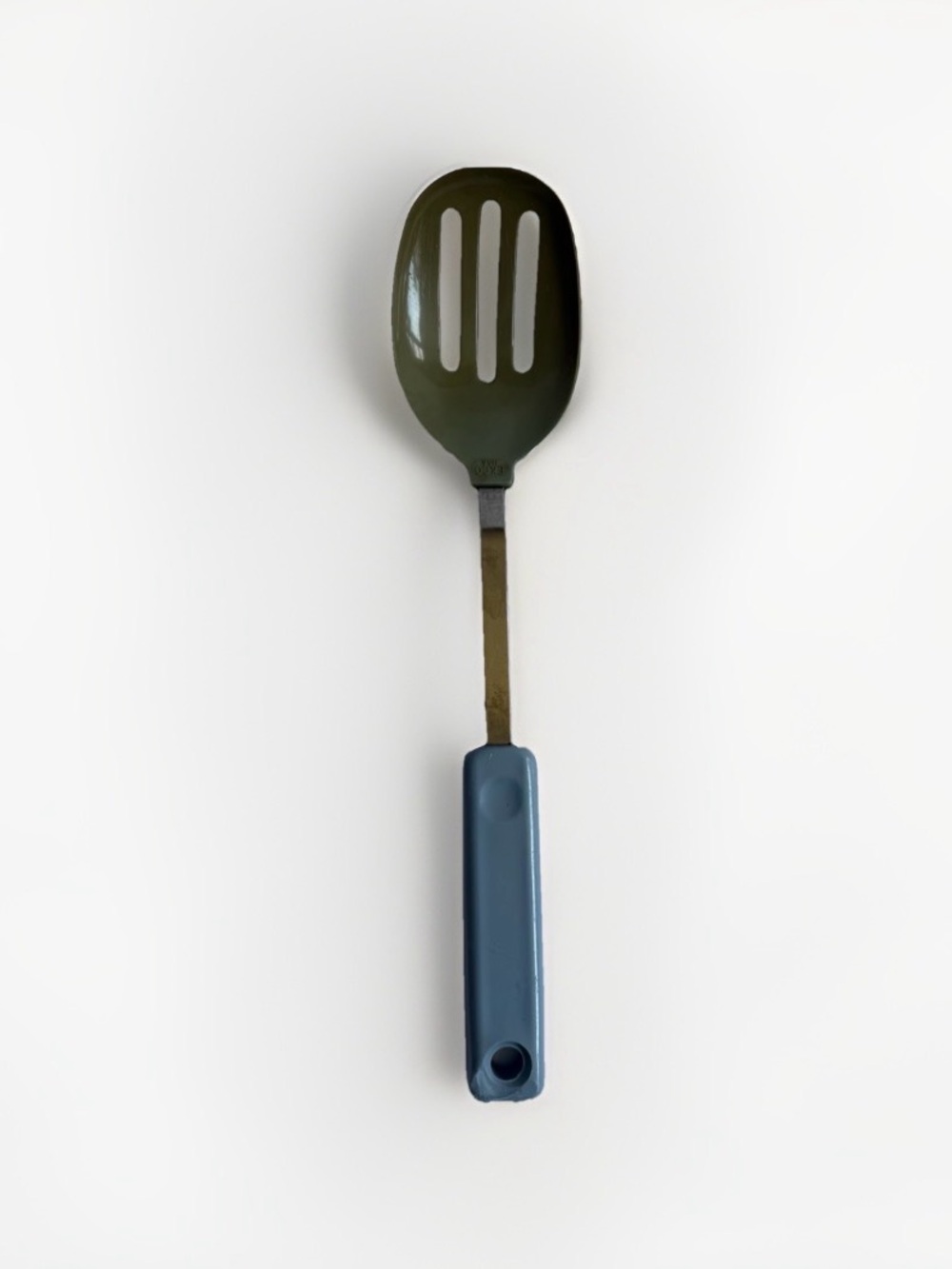 Vintage EKCO Slotted Serving Spoon Olive Green Nylon Blue Plastic Handle USA 70s